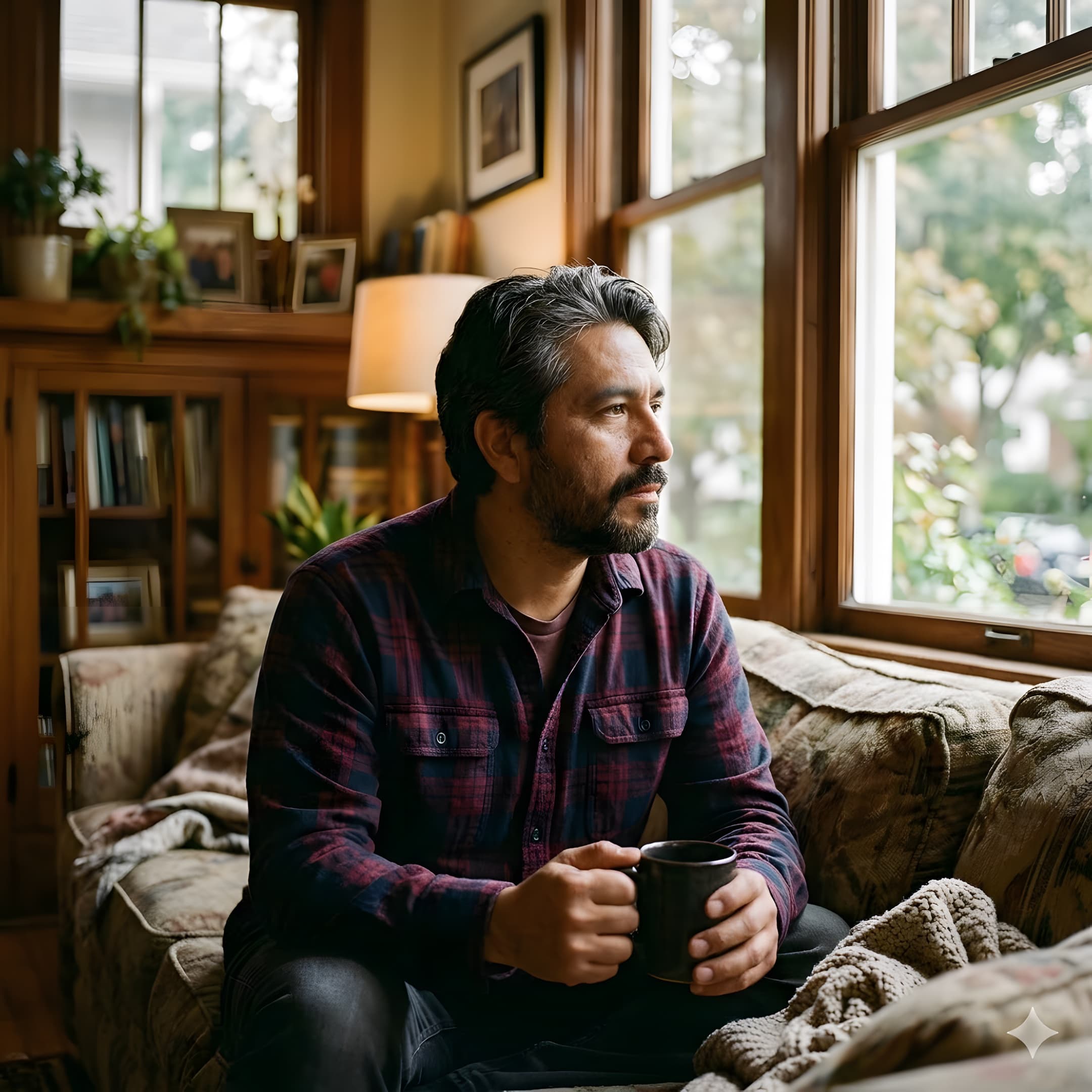 A man pauses at a kitchen window, a coffee mug in hand, afternoon light behind him